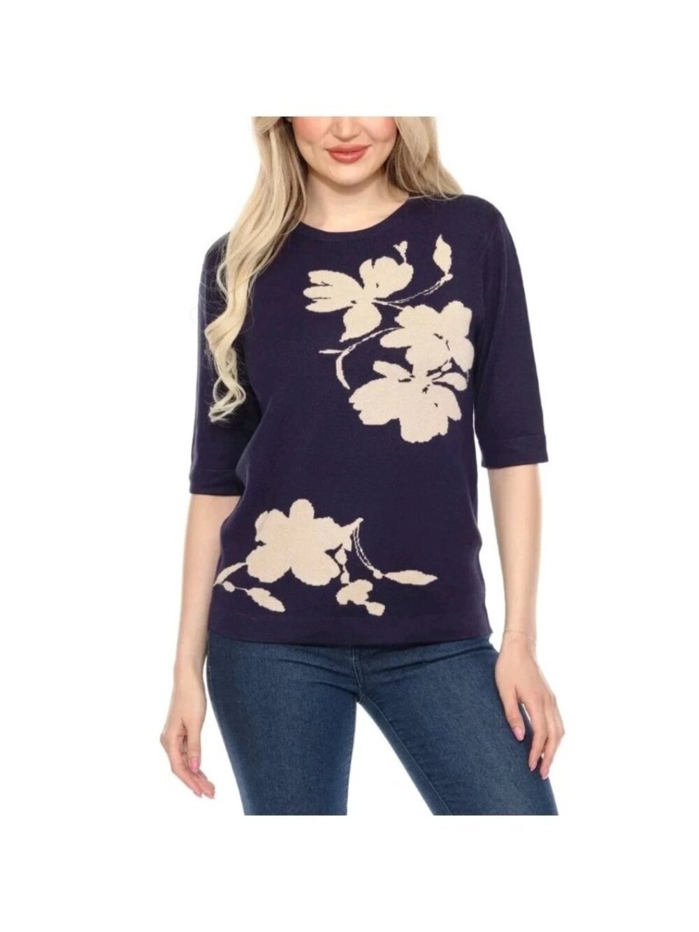 NWT Wrapper Women's XL Navy Floral Elbow Sleeve Sweater Lightweight Rayon C0989